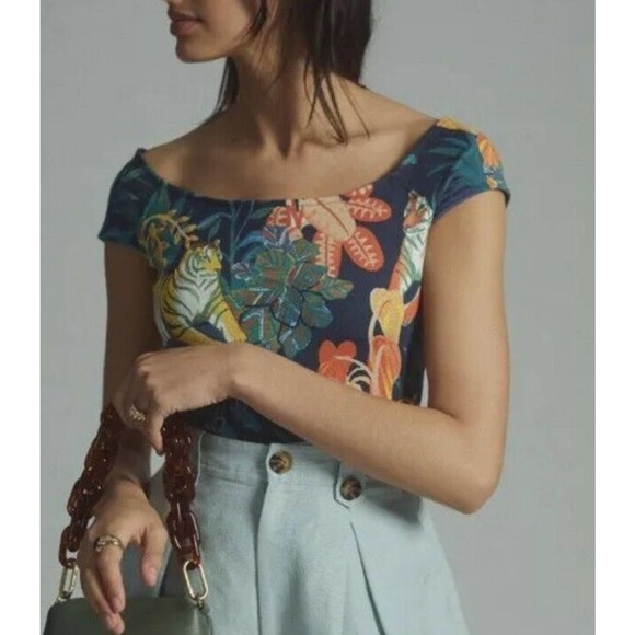 ANTHROPOLOGIE Maeve Off-The Shoulder Top Sz S Floral Jungle Animal Print NWT (j - Picture 2 of 5